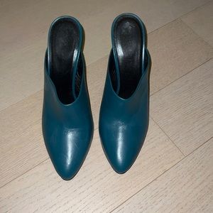 SOLD Sally LaPointe Leather Mules Heels in Teal